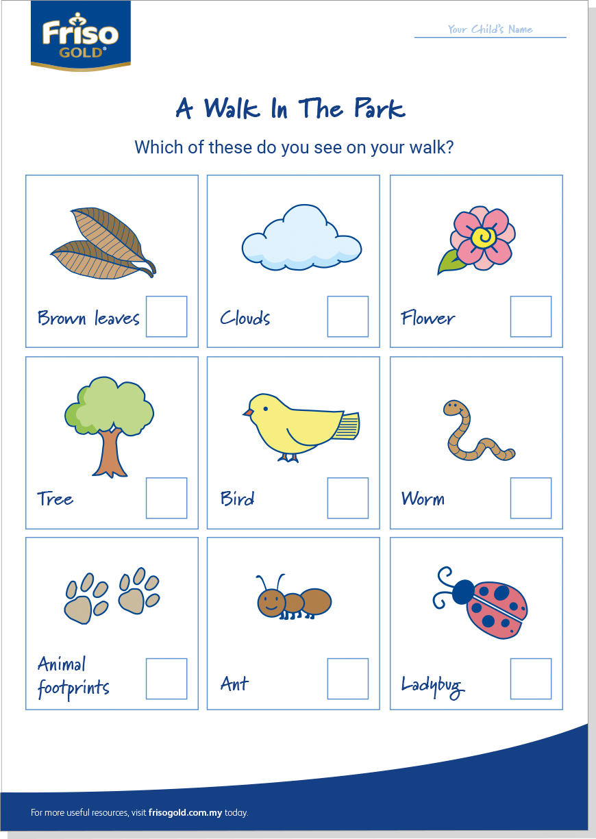 Checklist of elements in nature seen by child on walk in the park