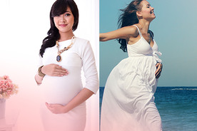 Pregnant women both in different styles of white maternity dresses